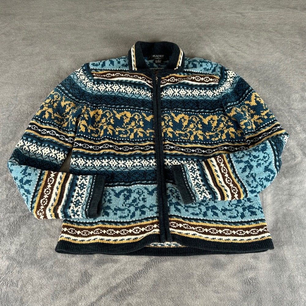 Planet & Company Womens Blue Fair Isle Chenille Full Zip Sweater Mock Neck Med
